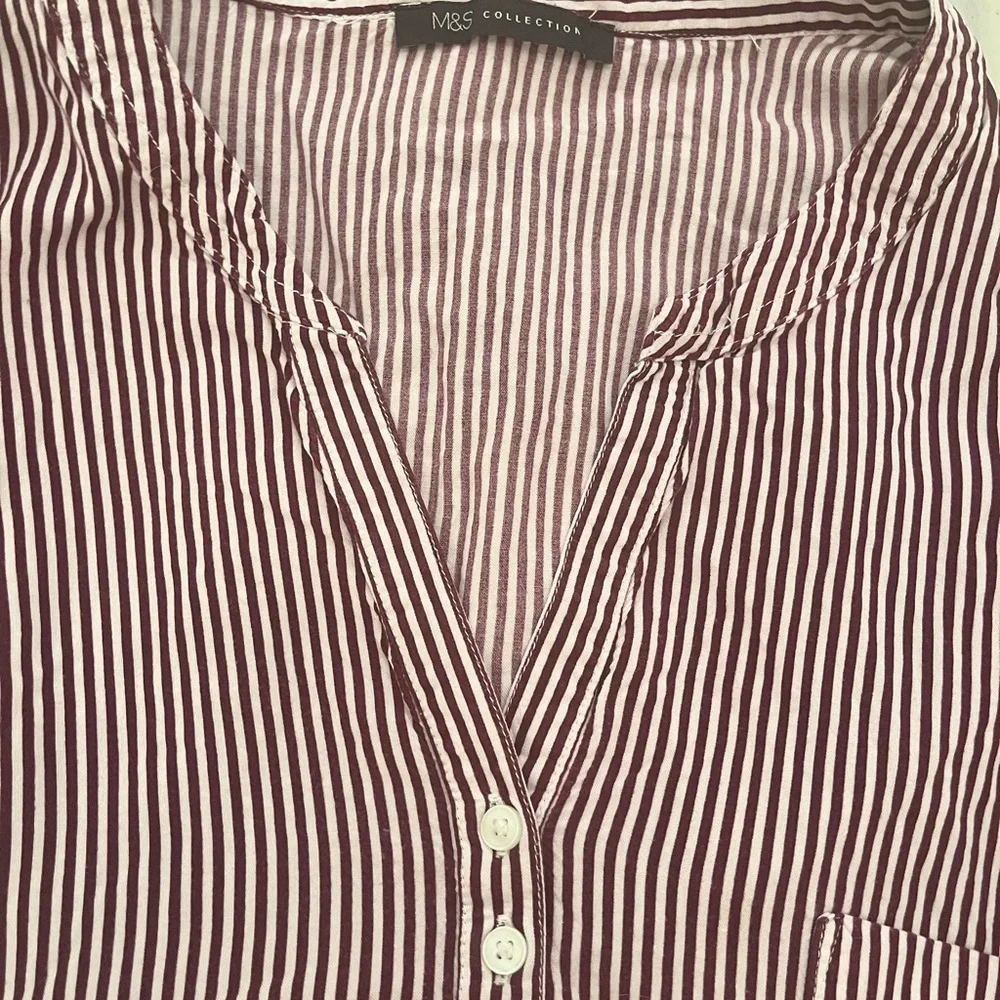 MARKS & SPENCER Womens Top Blouse Striped Red White Burgundy Cuffed Pocket - Picture 3 of 8
